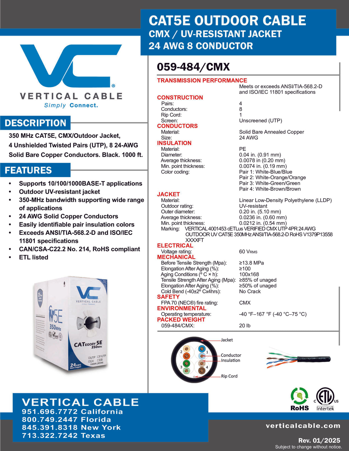 CAT5e Ethernet Cable Direct Burial UV-Rated 1000ft Pull Box