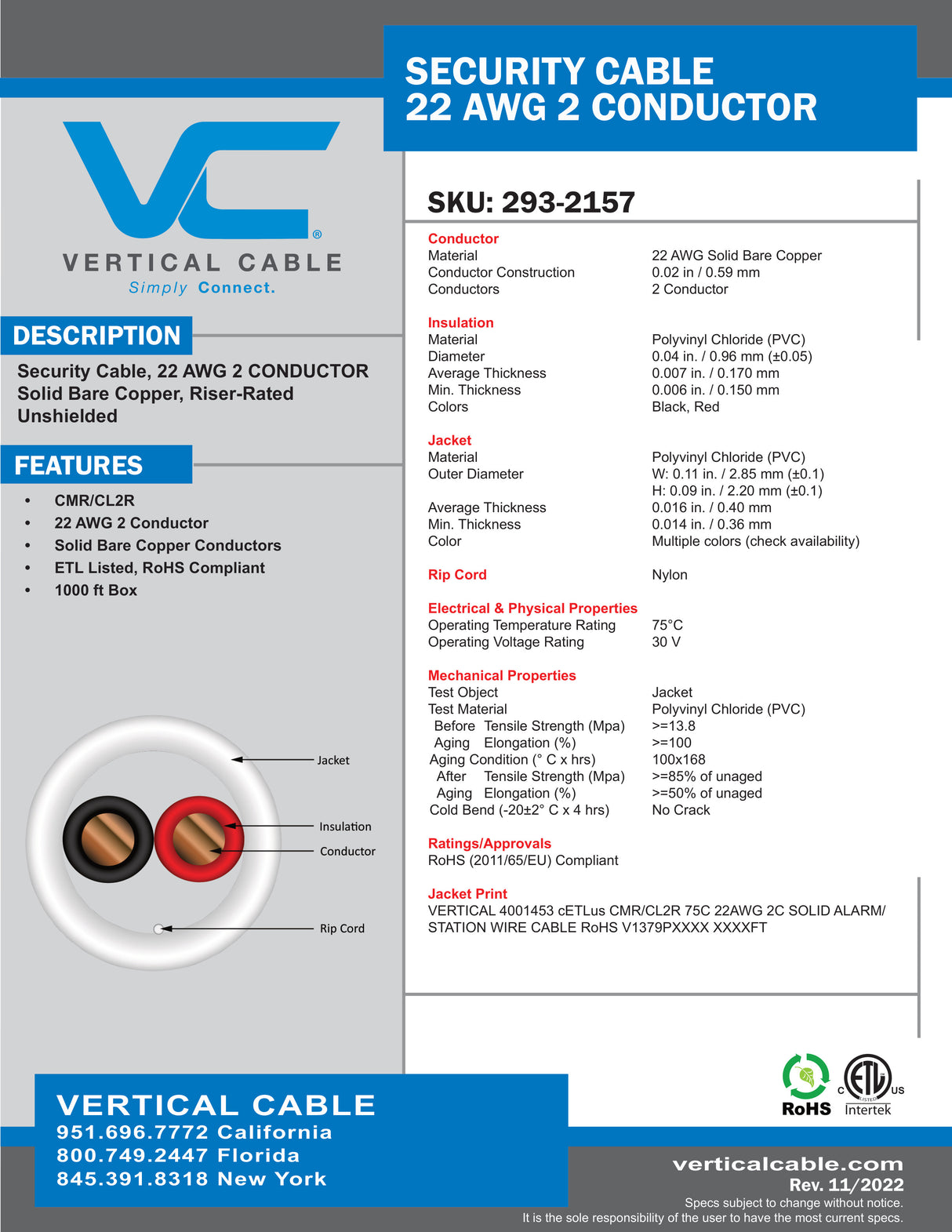 Security Cable 1000FT CMR Solid 22/2