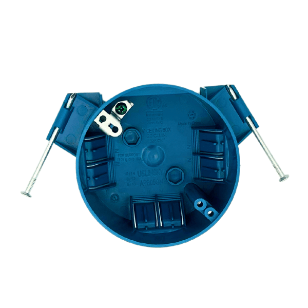 round new construction plastic electrical outlet box in blue