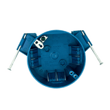 round new construction plastic electrical outlet box in blue