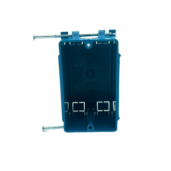 1-gang new construction, plastic electrical box in blue, front view