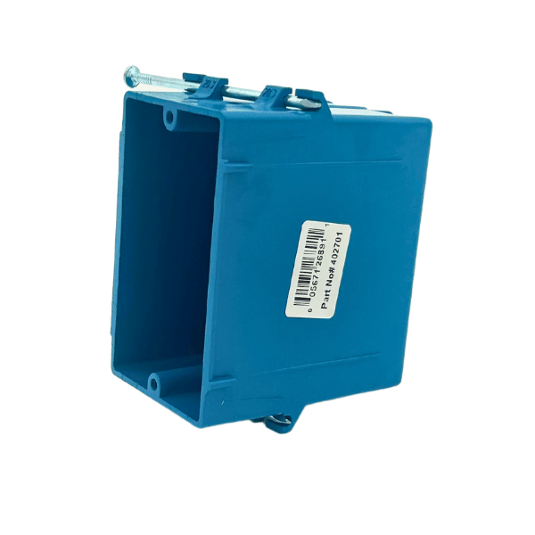 20 Cu. In. 1-gang new construction, plastic electrical box in blue, side view