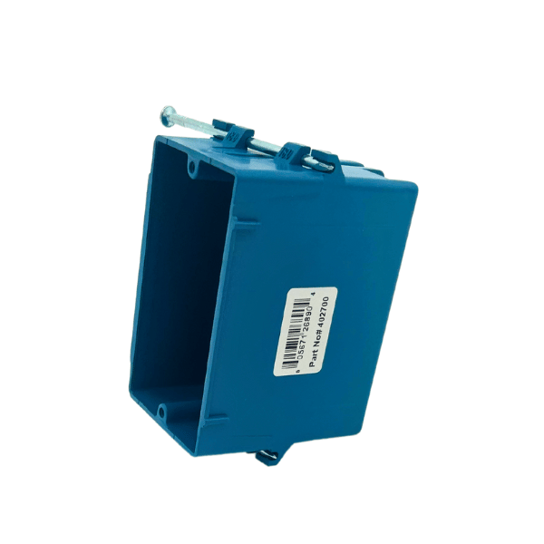 1-gang new construction, plastic electrical box in blue, side view
